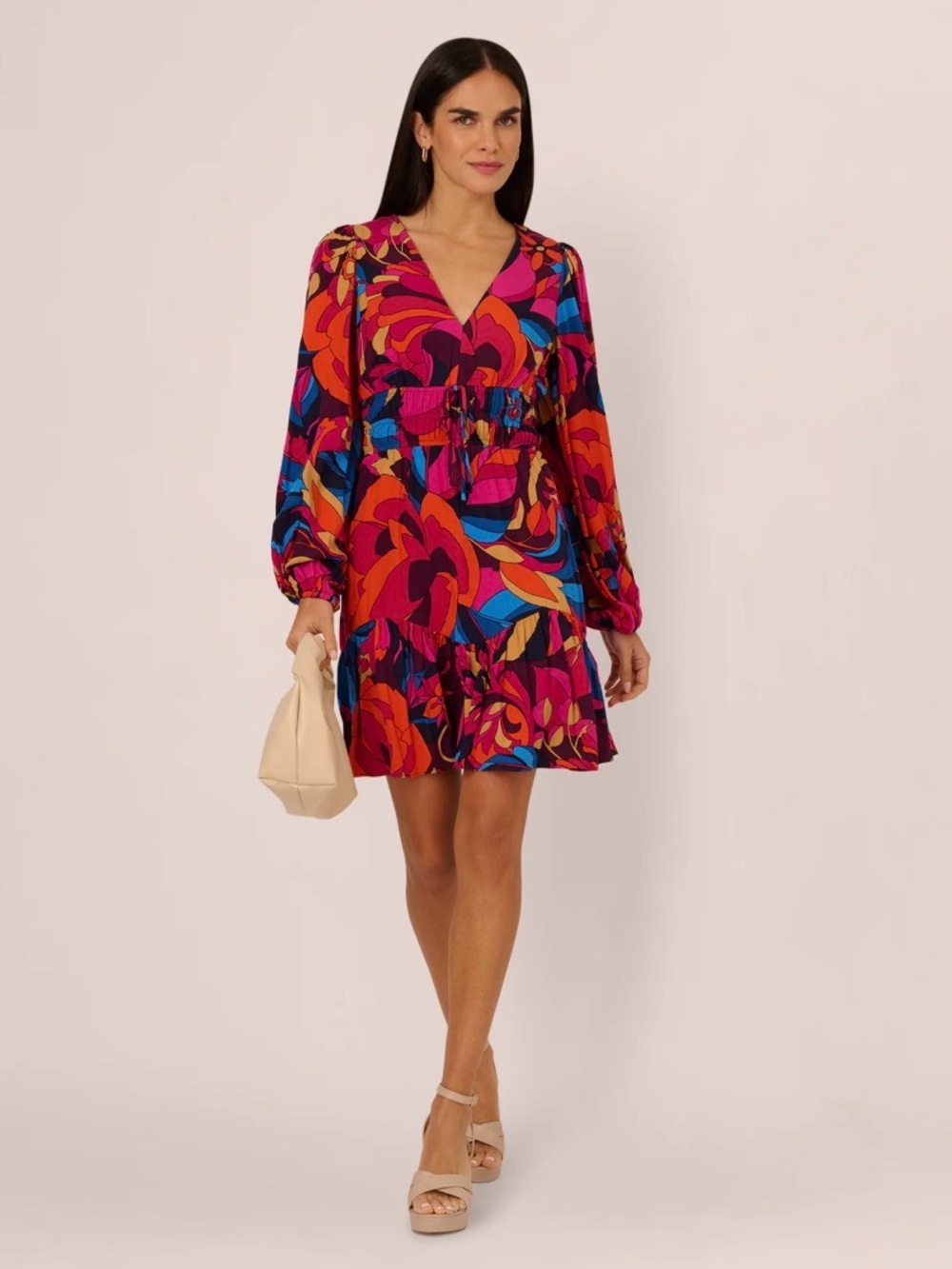 NEW! Adrianna by Adrianna Papell Retro Floral Shirred Dress Berry Multi - Size 6